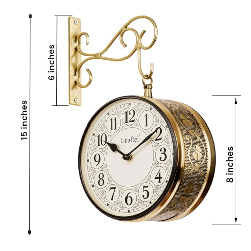 Image of CRAFTEL Double Sided Station Wall Clock Multi-Layer Electroplated | Both Side English Numerals | Aluminum Matte-Finish Dial Metal Body | Dial - 8 Inches, Shiny Gold | 365 Days Warranty