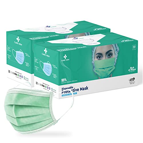 Image of Careview CARE VIEW N95 N95 SITRA Approved, 3 Ply Disposable Surgical Mask (Green, Pack of 100) With Built in Metal Nose Pin and 1 Melt Blown Layer