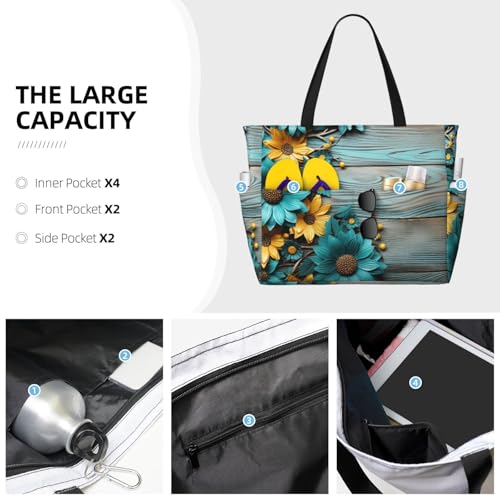 Sunflower Teal Beach Bag Vintage Wooden Board Pool Bag for Women Waterproof Large Travel Tote with Zipper Organizer for Swimming Vacation Essentials3