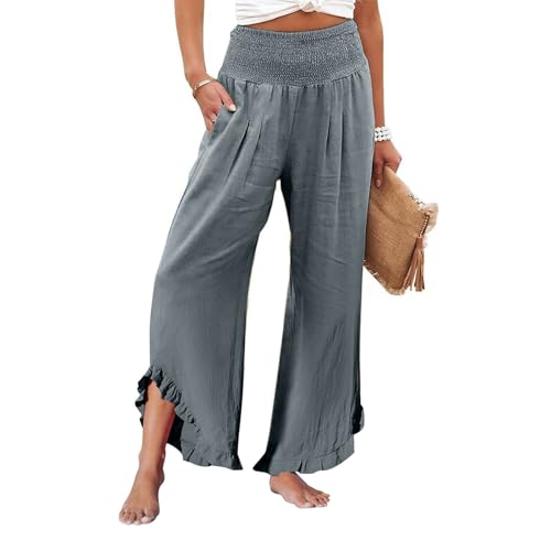 Wide Leg Linen Pants for Women Smocked Elastic Waist Ruffle Hem Palazzo Pants Summer Casual Loose Beach Pants3