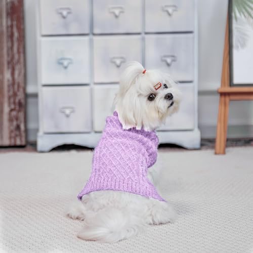 Image of Turtleneck Small Dog Sweaters - Classic Cable Knitwear Winter Coat for Small Medium Dogs Male Female Puppy Dog Cold Weather Clothes Girls Boys, Purple, M