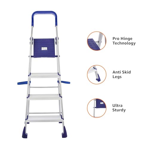 Image of amazon basics Clamber Pro - Foldable Step Ladder, Firm Grip, 4 Steps (Aluminium Steps, Blue & Satin)
