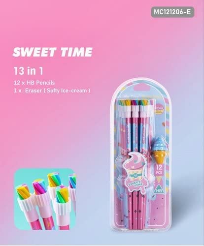 Krupasadhya 12 Pcs HB Pencil Set || Pencil With Ice Cream Shaped Eraser || Unique Pencil Kit For Girls & Boys || Ideal For Kids Return Gifting || - Pack of 1 2