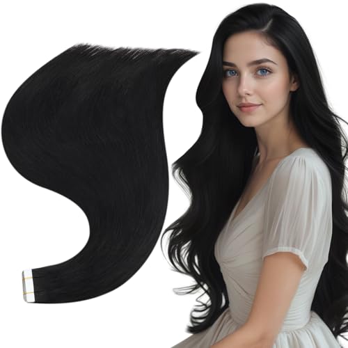 Image of Full Shine Tape Hair Extensions Real Human Hair Color Jet Black Invisible Tape in Hair Extensions Human Hair 14Inch Soft Straight Human Hair Extensions Tape in 20Pcs 50Grams Add Volume