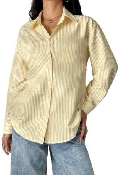 simplesio attire Women's Cotton Blend Striped Button Down Shirt, Light Yellow, Long Sleeve Collared Shirt, Regular Fit, Breathable Casual Wear-picture-19
