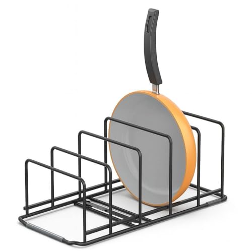 Image of Black Iron Dish Rack Organizer - Space-Saving Countertop Pan Pot Lid Stand with 6 Slots, 17 inch L x 7 inch W x 6 inch H - Heavy-Duty Kitchen Storage Rack