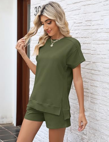 Image of LOMON Womens Fashion 2 Piece Outfits Sweatsuits 2026 Summer Short Sleeve Loungewear Tracksuit Round Neck Lounge Shorts Sets