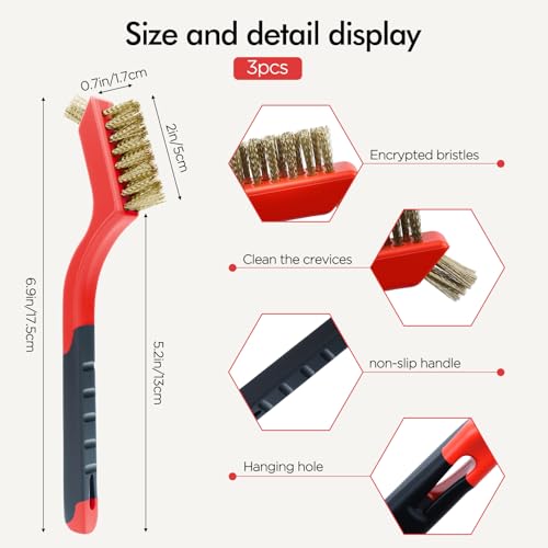 Image of 3 Pcs, Wire Brush Set, 7 Inch, Red | Stainless Steel /Brass /Nylon, Cleaning Rust, Welding Slag Removal, Paint and Dirt Removal, Sturdy And Durable