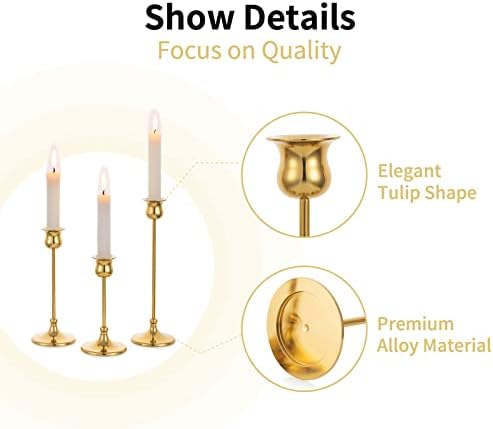 Nuptio Candlestick Holders Metal Gold - 2 Sets/6 Pcs Candle Holder for Taper Candles & Candle Sticks Modern Wedding Party Tabletop Candlelight Dinner Fireplace Mantel Decorations