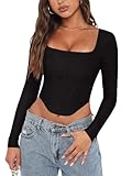 REORIA Womens Sexy Casual Square Neck Long Sleeve Backless Shirts Y2K Trendy Going Out Party Club Night Boned Bustier Corset Crop Tops Black Small