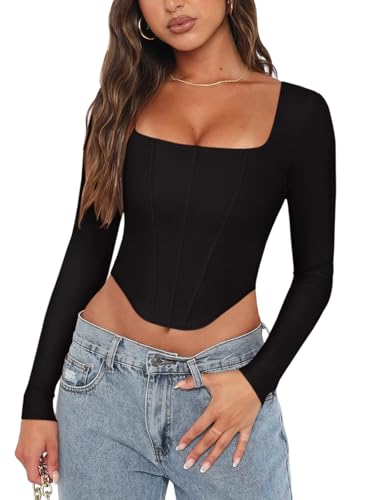 REORIA Womens Sexy Casual Square Neck Long Sleeve Backless Shirts Y2K Trendy Going Out Party Club Night Boned Bustier Corset Crop Tops Black Small