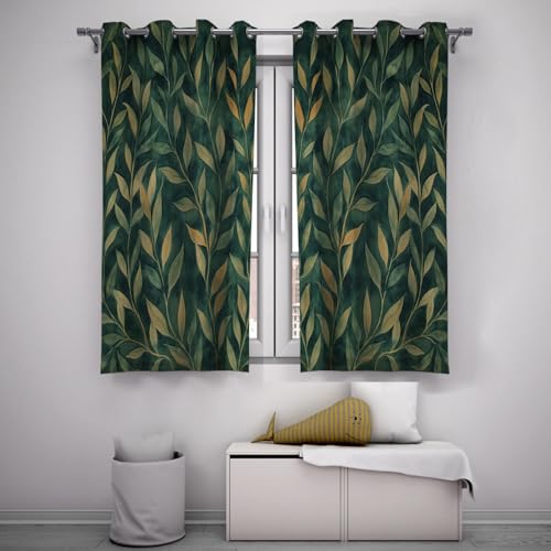 Green Botanical Pattern Blackout Curtains Autumn Branches Leaves Printed Short Curtain Morris Style Thermal Insulated Drapes 2 Panel 60x54in - Image 2
