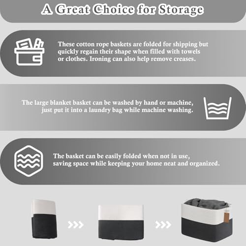 Image of Goodpick 50L Large Woven Rope Storage Basket, Rectangle, Dark Gray | 18 inch x 14 inch x 12 inch Decorative Gift Basket for Living Room & Nursery Organization, Fits Blanket & Toy Storage, Writable Label
