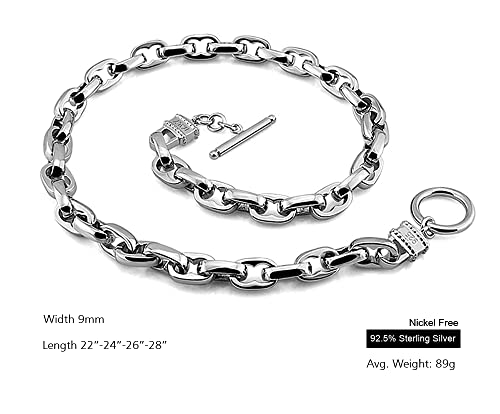 Solid 925 Sterling Silver 9MM Oval Link Chain Rolo Cable Two Locks Necklace T/O Clasp 22" 24" 26" 28" for Men & Women2