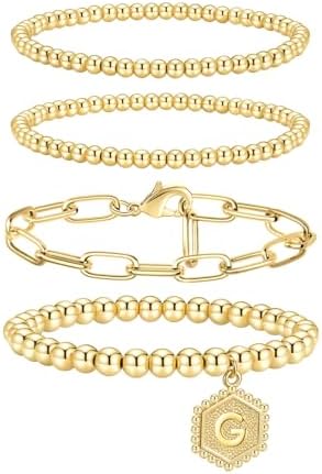 doubgood Gold Bracelets for Women, 14K Gold Plated Stackable Initial Beaded Bracelet with Letter Pendant Waterproof Stretch Trendy Stack Jewelry Set Gifts for Women