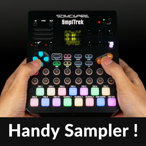 Sonicware SmplTrek [Sampler & Groovebox] 48kHz-16bit Sampler, 30 polyphone Stimmen, 10 Sequenzerspuren, 35 Effekte, 10 Kanalmixer, 15 anschlagdynamische Pads mit RGB LEDs