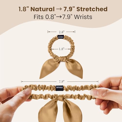 Image of THXSILK 100% Mulberry Silk Bow Scrunchies 3-Pack, 22 Momme Mulberry Silk Hair Ties for Women, Cute Bunny Ear No Damage Ponytail Holders, Fashion Hair Accessories for Girls(S, Metallic Gold)