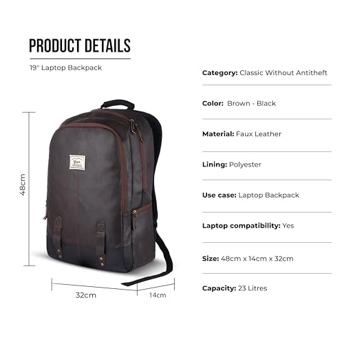 Image of Gear Classic 19 inch /23L Medium Faux Leather (without Anti Theft) Water Resistant Laptop Backpack /Casual Backpack /Daypack /Travel Backpack /College Bag For Men /Women (Brown-Black)