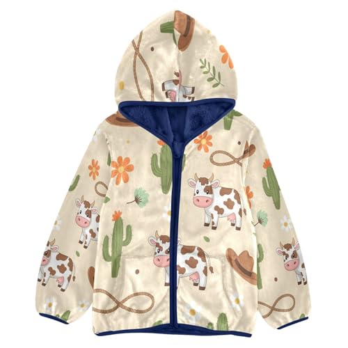 Cow Cactus Flower Rope Toddler Fleece Jacket Girl Boys Hooded Fleece Jacket Coat Warm Outwear Zip-up 3-10T