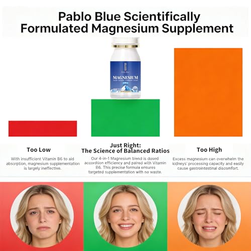 Image of Pablo Blue 4-in-1 Magnesium Glycinate Complex for Women & Men, Chelated Magnesium Threonate, Taurate, Malate & Vitamin B6, Sleep Aid, Brain Function, Muscle Relaxation & Calm Support, Gluten Free