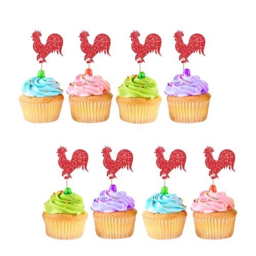 24pcs Rooster Cupcake Toppers, Farm Animal Cupcake Toppers, Red Glitter Farmhouse Rooster Cupcake Picks, Farmer Birthday/Rooster Animal Themed Baby Shower Party Supplies
