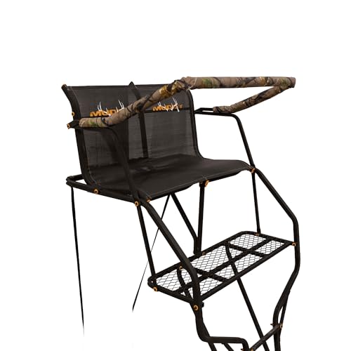 Image of MUDDY Double Droptine Deer Hunting Ladderstand, 2 Person Climbing Tree Stand with Flex-Tek Seat and Padded Adjustable Shooting Rail