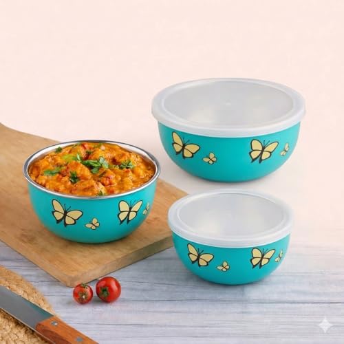 Image of Zaib Microwave Safe Stainless Steel Food Storage Containers with Lid | Pack of 3 | Sizes 12 cm, 14 cm, 16 cm | Capacity 500 ml, 750 ml, 1250 ml | Snap Fit Lid (Green Butterfly 3)