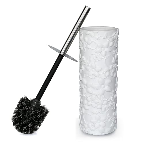 Image of White Floral Design Resin Toilet Bowl Holder and Brush Set, Stylish Bathroom Cleaning Tool with Durable Bristles, Compact and Functional