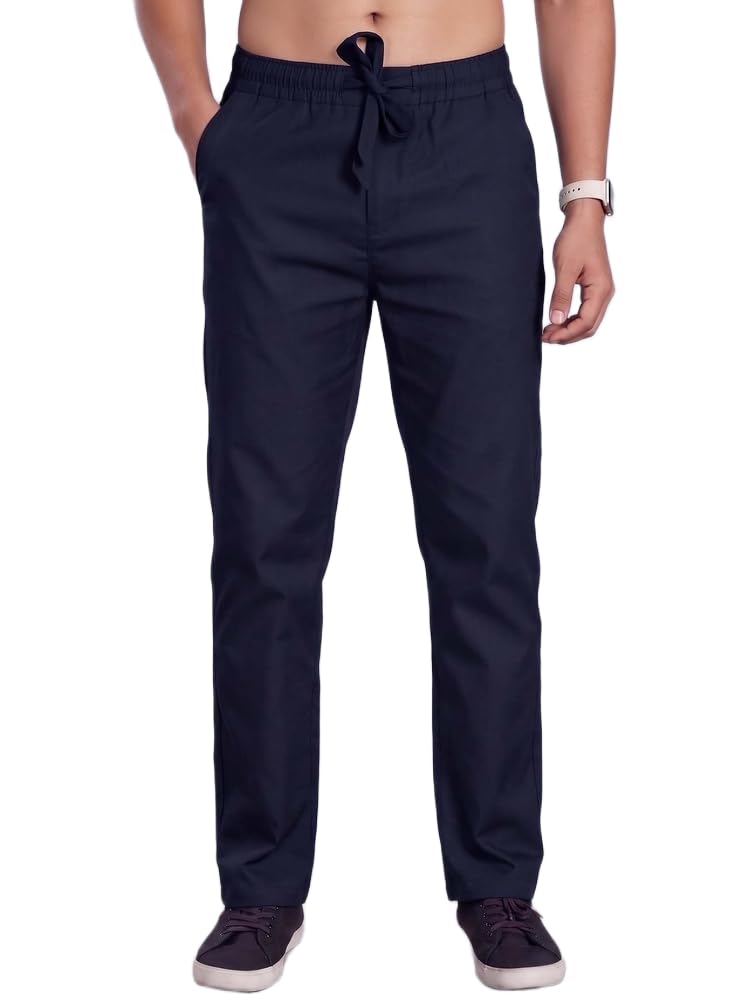 Men's Trouser Navy Blue Mid-Rise Linen Straight Fit Drawstring Casual Pant-image-4