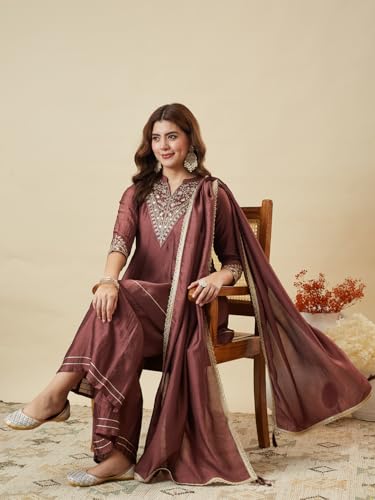 Image of MOKOSH Women's Silk Embroidery Kurta Sharara with Dupatta | Kurta Set | Embroidered |Indian Kurta Outfit with Sharara | 3 Piece Outfit |Straight Ethnic Suit 4 Colour Options Available