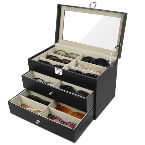 Sunglasses Organizer 18 Slots, Multiple Pairs Glasses Storage Case Leather Eyeglasses Display Box for Women Men