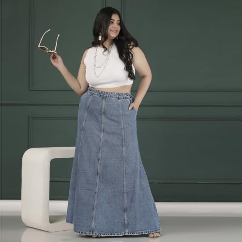 Image of Womens Plus Size Hipster Fit Mid Blue Denim Skirt