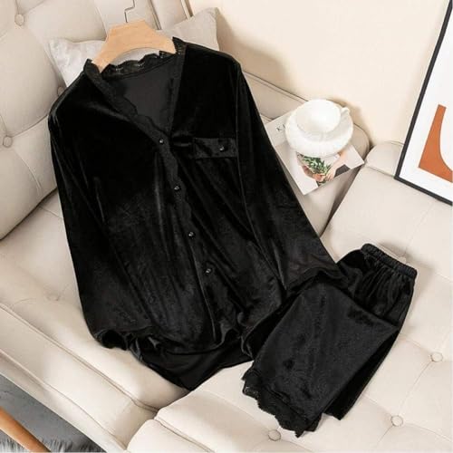 HUJINGLS Velvet Pajamas Women Autumn Winter Sleepwear Long Sleeve Casual Nightwear Pyjamas Suit Loose Home Clothes Lace Trim Sleep Set, L, Black