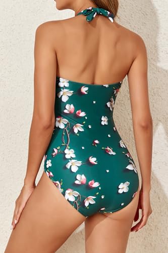 Image of Smismivo Tummy Control Swimwear Halter One Piece Slimming Vintage Retro Swimsuit Womens Ruched Push Up Bathing Suit