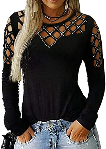 Memorose Long Sleeve Shirts for Women Crewneck Sexy Rhinestone Cut Out Tops Sparkle Blouse