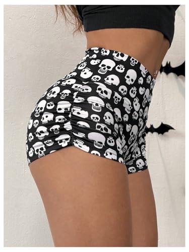 WDIRARA Women's Goth Skeleton Print High Waisted Shorts Ruched Workout Athletic Yoga Biker Shorts3