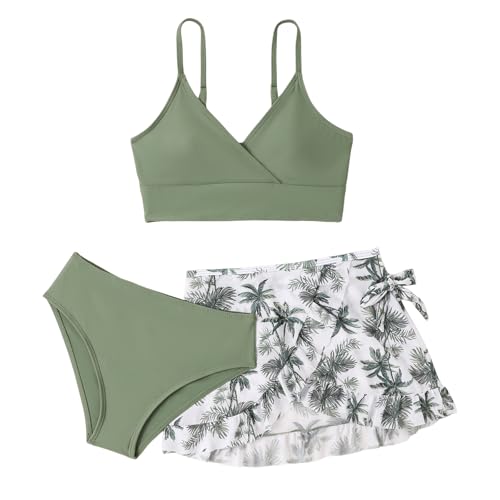 LYZOURBB Teenager-Mädchen 3-teiliger Badeanzug Kostüm Badeanzüge Bikini-Set verstellbares Bikinioberteil mit Blumen-Cover-Up Rock für 8-14 Jahre, grün, 13-14 Jahre