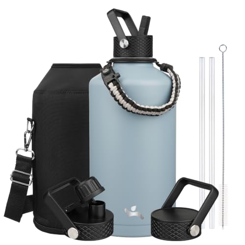 Image of Konokyo Gallon Insulated Water Bottle with Straw,128 oz 3 Lids Water Jug with Carrying Bag,Paracord Handle, Double Wall Vacuum Stainless Steel Metal Flask,Storm Blue