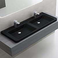 doporro Einbauwaschbecken Doppelwaschbecken Bad BxTxH 120x48x14,5 cm Eckig Waschtisch aus Mineralguss Matt schwarz mit Überlauf und Armaturloch Colossum08