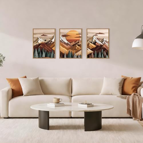 Image of KAIRNE Woodcut Style Mountain Framed Canvas Wall Art Set,Wooden Pine Tree Wall Decor,Vintage Forest Landscape Art Prints,Nature Sunrise Artwork for Living Room,Bedroom,Farmhouse,Office-12 x16 x3