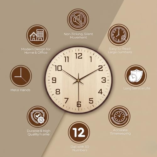 Image of ginoya brothers 12 Inch Silent Non-Ticking Silent Wall Clock, Modern Round Analog & Digital Display (Temp /Calendar) Decorative Clock, Easy to Read for Home, Living Room, Office (Cream-Brown Analog)