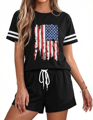 Image of VILOVE 4th of July 2 Piece Sequin Outfits Women 250 Anniversary Usa Shirts and Short Sets Casual Patriotic Shirt Summer Set