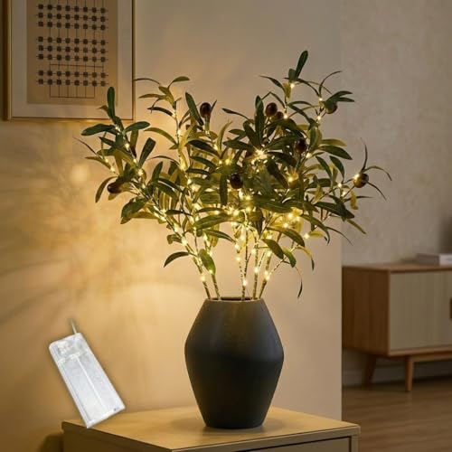 Gresonic 5er Set 50cm LED Olivenzweige mit 100 warmweißen LEDs - Batteriebetriebene künstliche Olivenbaum Zweige Grünes Olivenblatt Deko Licht für Vase Wohnzimmer Hochzeit & Feiern