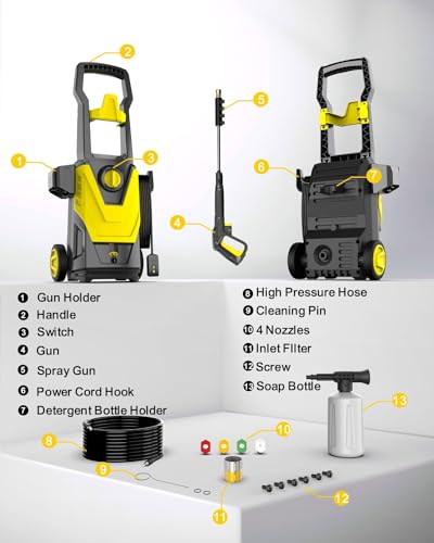 AgiiMan Electric Pressure Washer, 4000PSI Max 2.8 GPM Power Washer Electric Powered with 20FT Hose, 4 Nozzles, Foam Cannon, High Pressure Cleaner Machine for Cars,Patios,Furniture,Driveways, Yellow