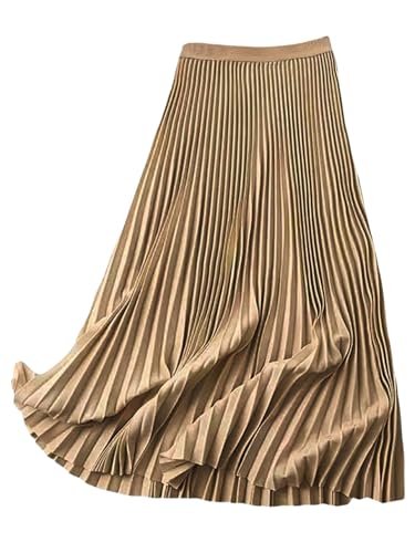 Women's Pleated A Line Midi Skirts Elastic Waist Flared Elegant Office Work Flowy Skirt