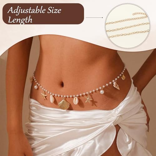Image of TecoKart Waist Chain for Women with Shell & Starfish Charms - Sexy Belly Chain for Saree, Bikini, Crop Tops, Beachwear & Festival Outfits - Adjustable Body Chain in Gold