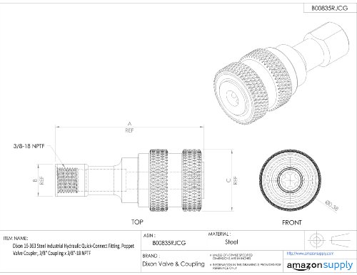 Dixon 16-363 Steel Industrial Hydraulic Quick-Connect Fitting, Poppet Valve Coupler, 3/8" Coupling x 3/8"-18 NPTF - Thumbnail 3