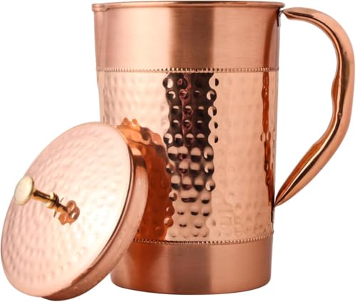 Image of KC Pure Copper Hammered Water Jug with Glass Set, 1500 ml Jug with 250 ml Glass, Lacquered Finish, Health Benefits Drinkware, 2 Piece Set