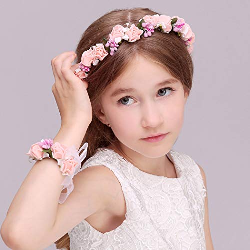 Aukmla Wedding Flower Crown Bridal Floral Headpiece Flower Girl Headband Garland Halo Flower Wrist Band for Women and Girls (Pink)