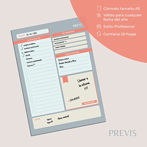 Previs Agenda giornaliera A5 50 fogli - Organizzatore giorno per pagina - Daily Planner Desktop - To Do List - Daily Planner - Productivity planner - immagine 4